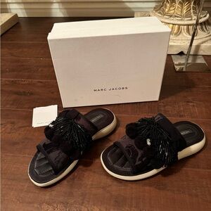Authentic Marc Jacobs Emerson Pompom  Black Slip On Rubber Sandals Size 39